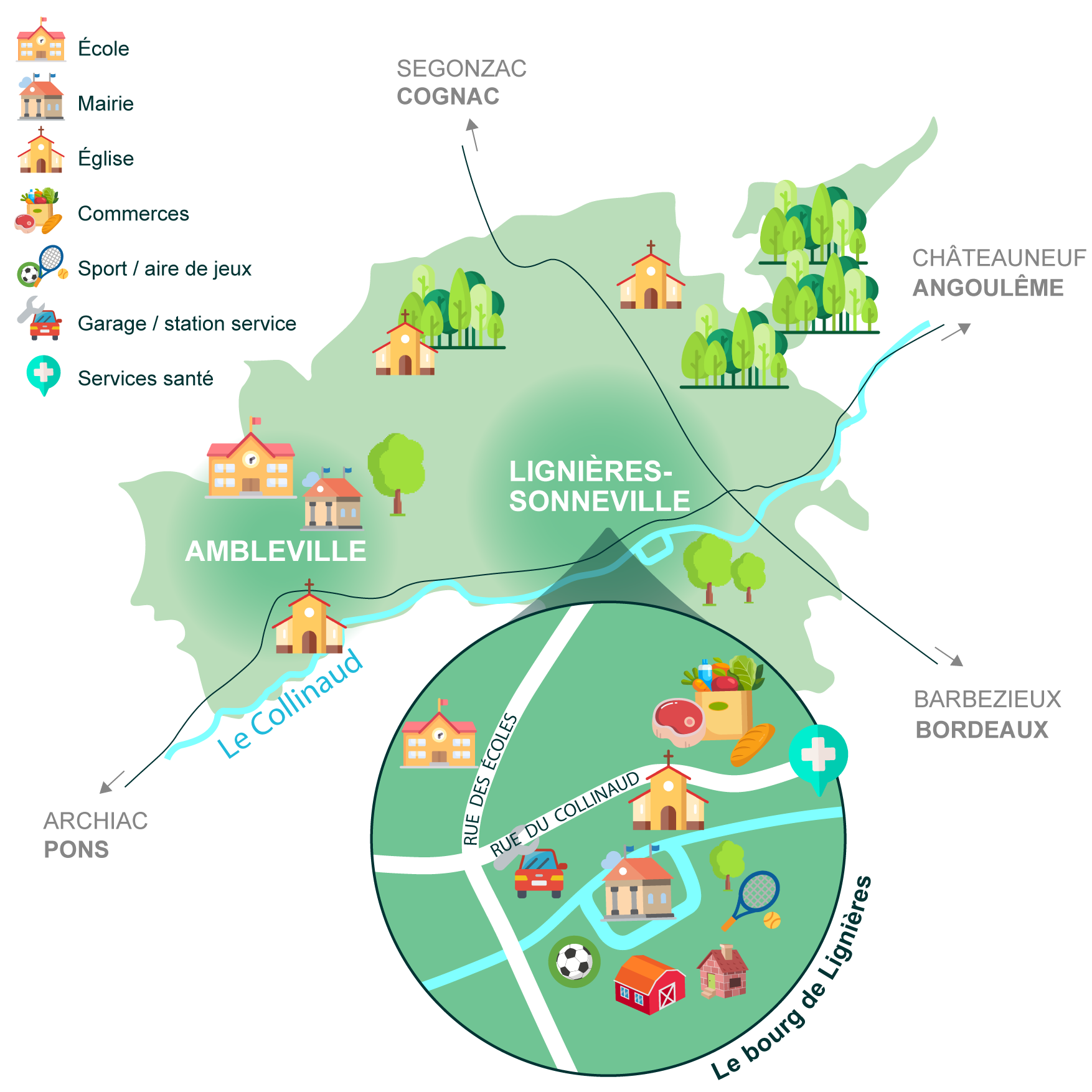 CARTOGRAPHIE Lignières-Ambleville Carte de la commune de Lignières-Ambleville et de ses commerces et services